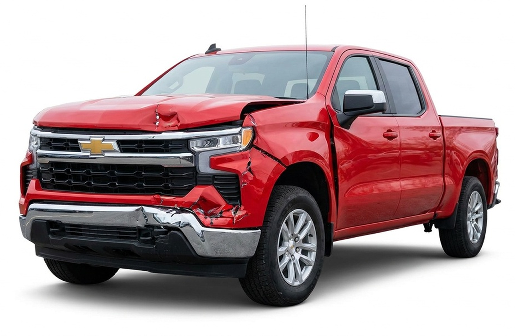 Red Chevrolet pickup with collision damage